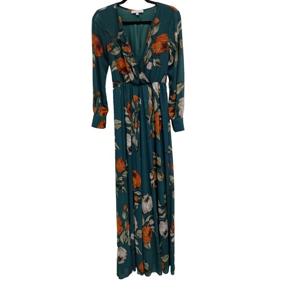 Baltic Born Maxi Dress Size Small Teal Floral BOHO Cottage Long Sleeve V-Neck - Picture 2 of 9